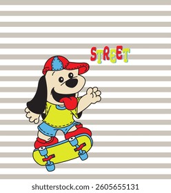 Cute cartoon dog skateboarding on the street