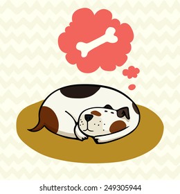 Cute cartoon dog, sleeping on the mat and dreaming about bone. Hand drawn doodle spotted dog isolated on doodle chevron background.