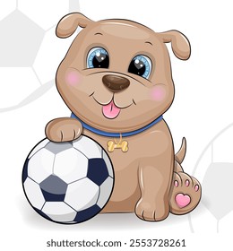 Cute cartoon dog with soccer ball. Vector illustration of an animal playing football on a white background with balls.