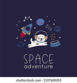 Cute cartoon dog in space - vector illustration. Collection of dogs astronauts on rockets, ufo, planets and stars. Space adventure