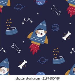 Cute cartoon dog in space - vector illustration. Collection of dogs astronauts on rockets, ufo, planets and stars. Space adventure - seamless pattern