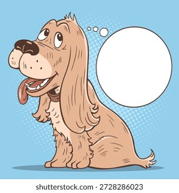 Cute cartoon dog with speech bubble banner and copy space. Funny pet character for message advertising or comic style design in flat vector illustration