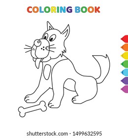 cute cartoon dog standing behind bone coloring book for kids. black and white vector illustration for coloring book. dog standing behind bone concept hand drawn illustration