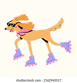 Cute cartoon dog in sunglasses roller skating