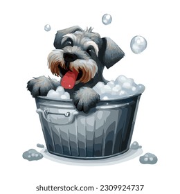 Cute cartoon dog taking bath on a metallic bucket isolated on white background. Vector illustration