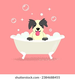 Cute cartoon dog taking bath on the pink background. Vector illustration.