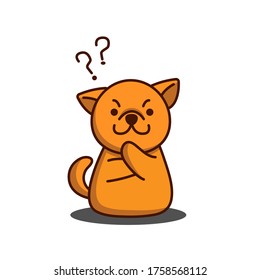 Cuto dibujo de perro pensando y luciendo serio con cara reflexiva sosteniéndose bajo el mentón de mentón de la solución de problemas. Ilustración vectorial.