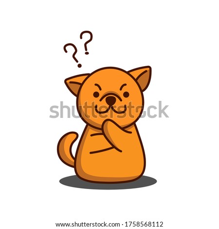 Cute cartoon dog thinking and looking serious with thoughtful face holding hand under chin thinking of problem solution. Vector illustration.