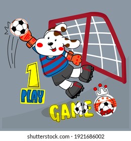 Cute cartoon dog  trying  ball  catching a logo soccer sport on football gate on Gray  background illustration vector.