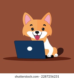 A cute cartoon dog use laptop vector illustration. This is an editable and printable high quality vector eps file. Good use for symbol, icon, T-shirt design, avatar or any design.