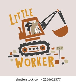 cute cartoon dog using a excavator vector illustration