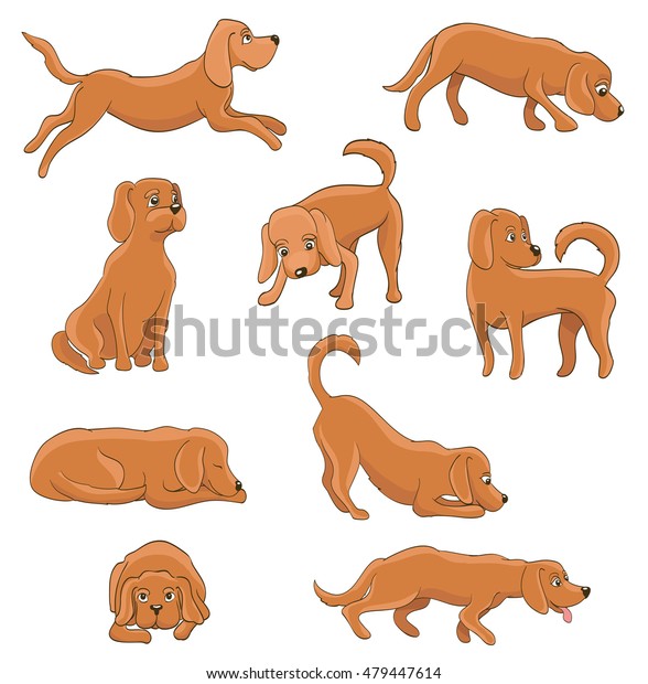 様々なポーズの可愛い漫画の犬 おかしなペットが座って 立って 走って 待っている うそをついている 遊んでいる 眠い 疲れている ベクターイラスト のベクター画像素材 ロイヤリティフリー