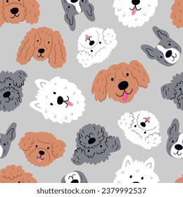 Cute cartoon dog - vector prin in flat style. Pet portrait - Flat vector seamless pattern isolated on white background