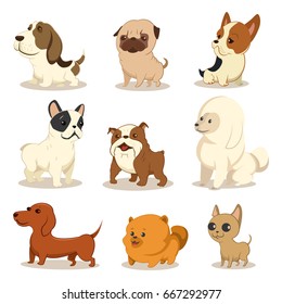 Conjunto de vetores de cachorro bonito dos desenhos animados. Animais de estimação de diferentes raças. Cachorrinhos engraçados. Ilustração de um personagem cachorrinho isolado em um fundo branco.