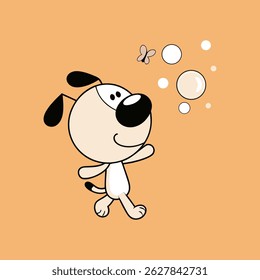 Cute cartoon dog walking with butterfly and bubbles on orange background
