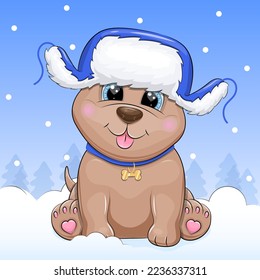 Cute cartoon dog wearing a blue winter hat with ear flaps. Vector illustration of an animal on a blue background with snow.