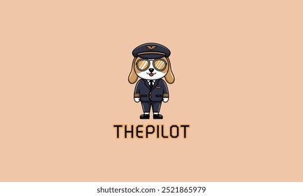 Um bonito cão de desenho animado usando um uniforme piloto e óculos de sol, de pé com o texto O PILOTO