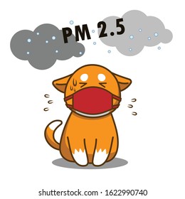 Cute cartoon dog wearing pm 2.5 pollution mask against smog. Air pollution smog protection concept. Vector illustration.