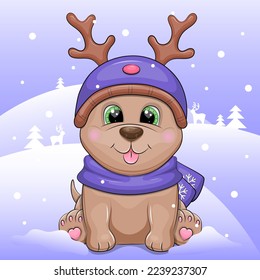 Cute cartoon dog wearing a reindeer hat. Vector illustration of a pet in winter.