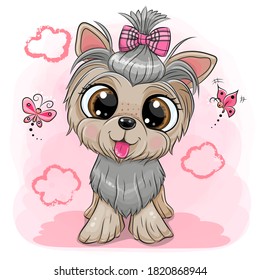 Cute cartoon Dog Yorkshire Terrier with a bow on a pink background
