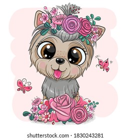 Cute cartoon Dog Yorkshire Terrier with flowers on a pink background