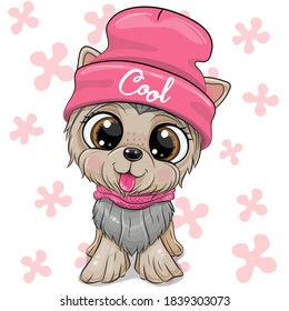 Cute cartoon Dog Yorkshire Terrier in a pink hat