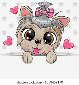 Cute Cartoon Dog Yorkshire Terrier With A Bow On A Stars Background