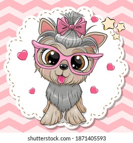 Cute cartoon Dog Yorkshire Terrier with a bow on a pink background