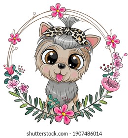 Cute cartoon Dog Yorkshire Terrier with a bow on with a flower wreath