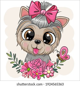 Cute cartoon Dog Yorkshire Terrier with flowers 