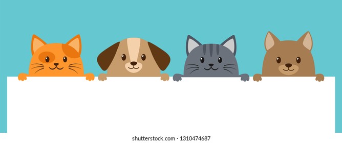 Cute cartoon doga and cats are holding an empty sign with place for your text