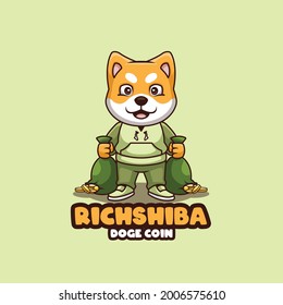 Cute Cartoon Doge Shiba Inu Rich Coin Cartoon Logo