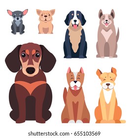 Cute cartoon doggies sitting with smiling muzzle and hanging out tongue flat vector isolated on white. Lovely purebred pets illustration for vet clinic, breed club or shop ad