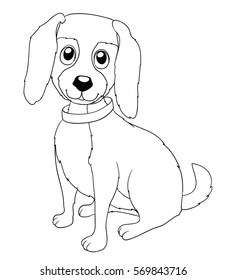 Cute cartoon doggy with collar on white. Coloring page version vector