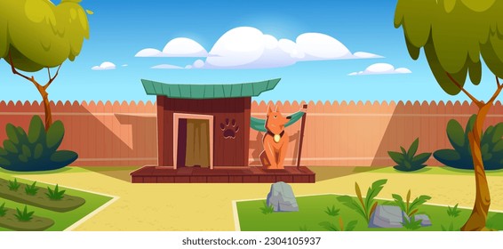 Cuta caricatura sobre diseño vectorial de patio trasero. Personaje de perro sentado cerca de la casa en el patio trasero con árbol y piedra. Valla de madera y seguridad doméstica de mascotas en el jardín. Naturaleza verde en verano