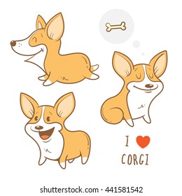 Cute cartoon dogs  breed Welsh Corgi Pembroke set. Children's illustration. Three little puppy.  Funny baby animal. Vector image.