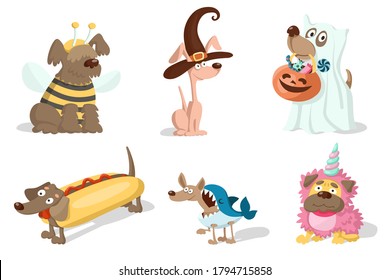 Cute cartoon dogs in carnival costumes for halloween, purim or christmas. Set of vector illustrations isolated on white background.