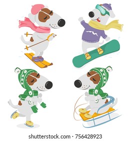 Cute cartoon dogs in clothing and winter sports on a white background. Vector illustration.