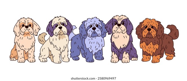 Cute cartoon dogs colorful playful design features five fluffy dogs in various colors standing side by side on a white background perfect for pet-themed projects