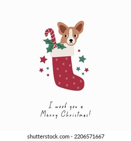 Cute cartoon dogs of different breeds and Christmas decorations, candy, gifts, garlands, cookies, bone. Festive vector illustration - dog on winter holidays in flat style. I woof you a Merry Christmas