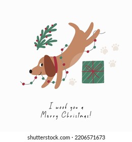 Cute cartoon dogs of different breeds and Christmas decorations, candy, gifts, garlands, cookies, bone. Festive vector illustration - dog on winter holidays in flat style. I woof you a Merry Christmas