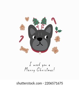 Perros de dibujos animados de diferentes razas y decoraciones navideñas, dulces, regalos, guirnaldas, galletas, hueso. Ilustración vectorial festiva - perro en vacaciones de invierno en estilo plano. Te doy una Feliz Navidad.