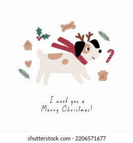 Cute cartoon dogs of different breeds and Christmas decorations, candy, gifts, garlands, cookies, bone. Festive vector illustration - dog on winter holidays in flat style. I woof you a Merry Christmas