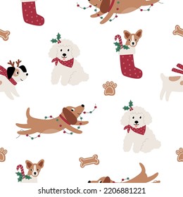 Cute cartoon dogs of different breeds and Christmas decorations, candy, gifts, garlands, cookies, bone. Festive vector illustration - dog on winter holidays in flat style. Seamless pattern