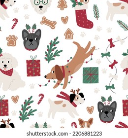 Cute cartoon dogs of different breeds and Christmas decorations, candy, gifts, garlands, cookies, bone. Festive vector illustration - dog on winter holidays in flat style. Seamless pattern