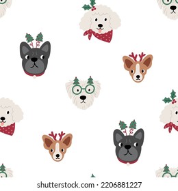 Cute cartoon dogs of different breeds and Christmas decorations, candy, gifts, garlands, cookies, bone. Festive vector illustration - dog on winter holidays in flat style. Seamless pattern