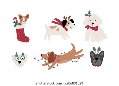 Cute cartoon dogs of different breeds and Christmas decorations, candy, gifts, garlands, cookies, bone. Festive vector illustration - dog on winter holidays in flat style.