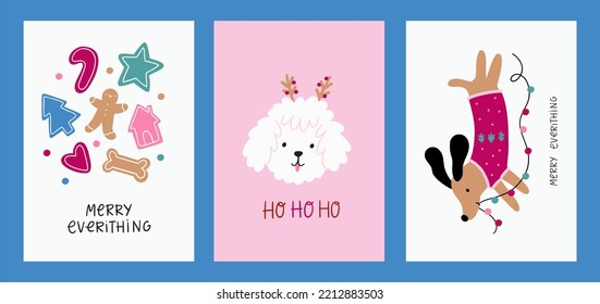 Cute cartoon dogs of different breeds and Christmas decorations, candy, gifts, garlands, cookies, bone. Festive vector illustration - dog on winter holidays in flat style. Seamless pattern