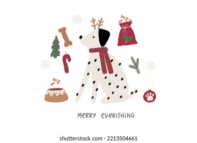 Cute cartoon dogs of different breeds and Christmas decorations, candy, gifts, garlands, cookies, bone. Festive vector illustration - dog on winter holidays in flat style. Christmas gifts for dogs