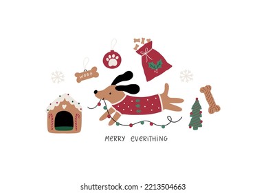 Cute cartoon dogs of different breeds and Christmas decorations, candy, gifts, garlands, cookies, bone. Festive vector illustration - dog on winter holidays in flat style. Christmas gifts for dogs